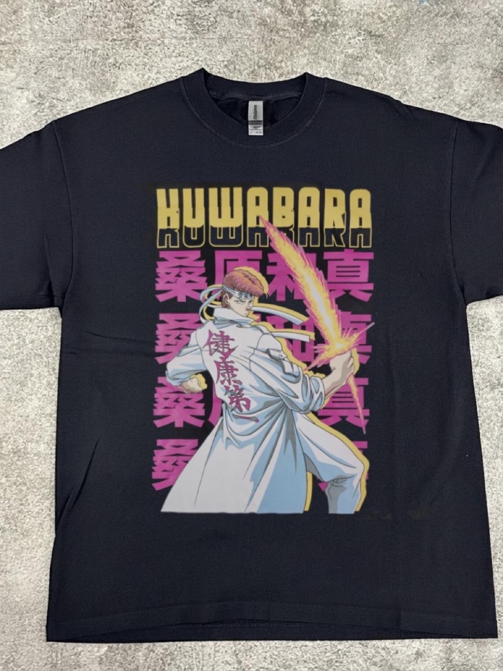Gildan Black Kuwwabara Anime Graphic Tee with Purple & Gold Print